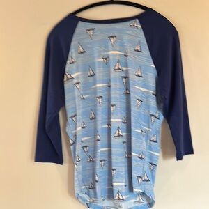 LuLaRoe Blue Raglan Graphic Tee
